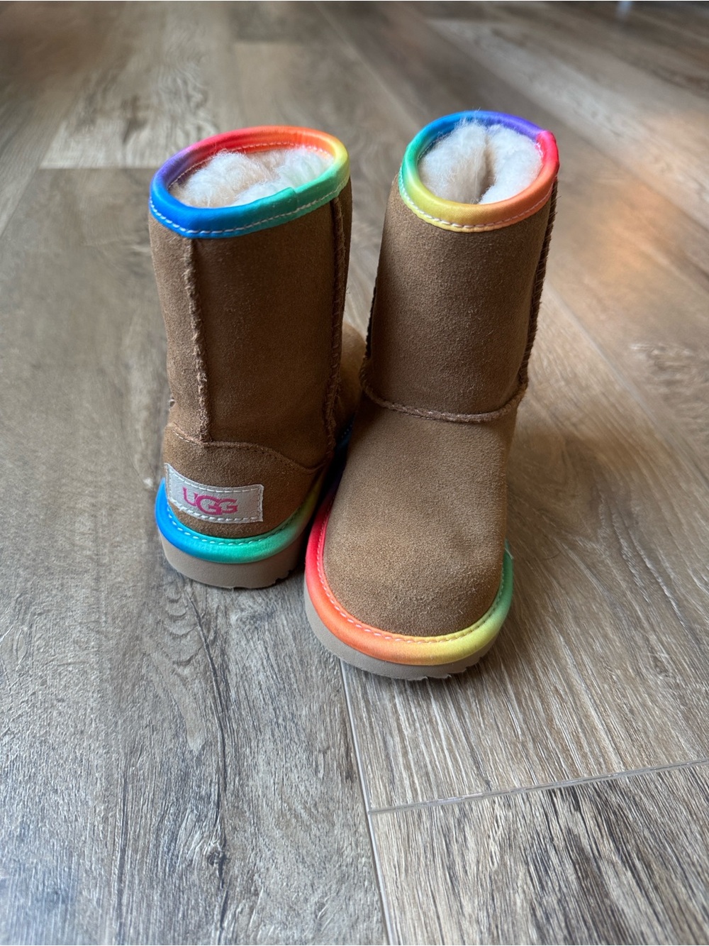 UGG Kids Chestnut Suede Boots with Rainbow Trim